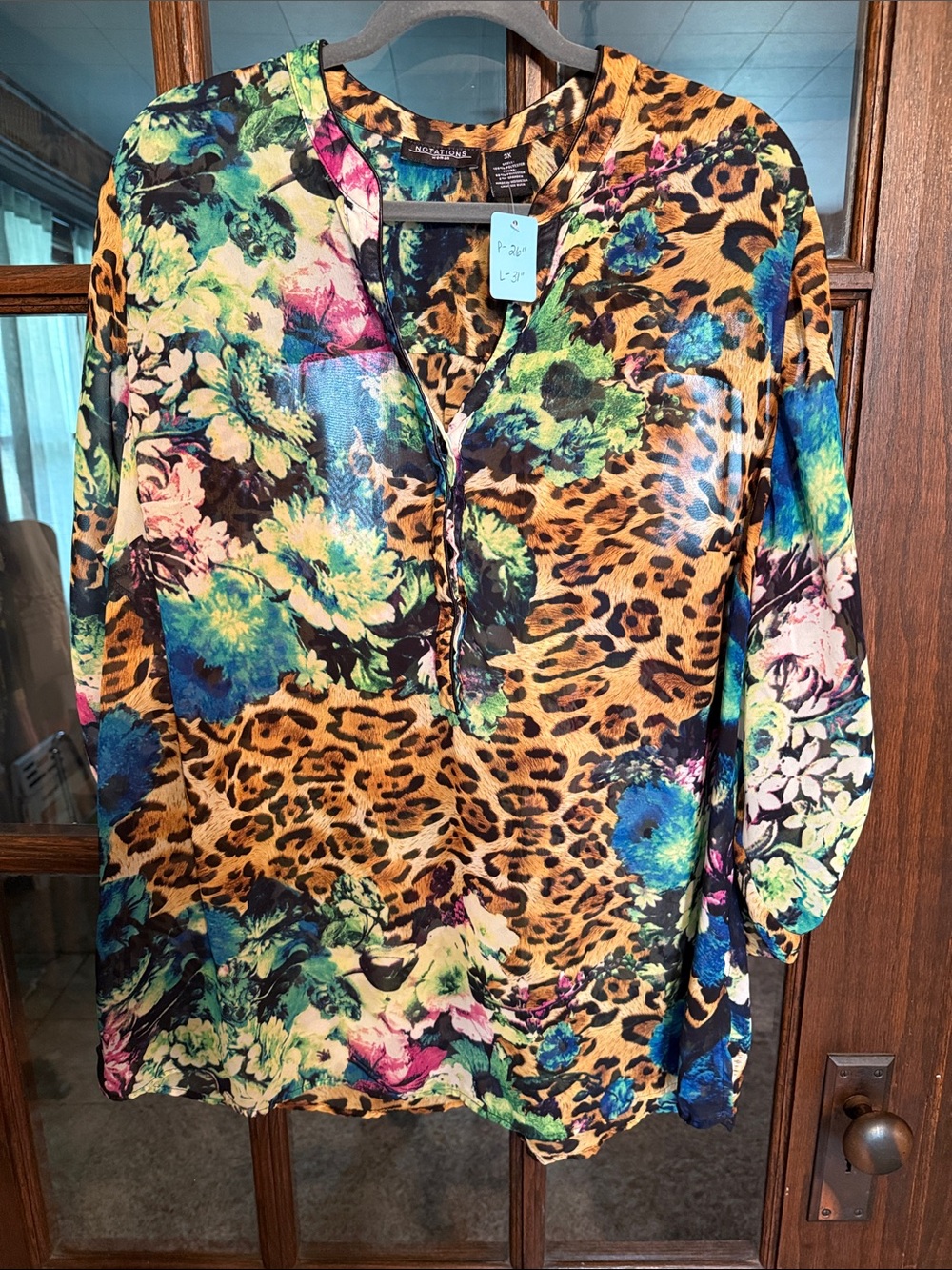 Notations Woman Floral Leopard Print Roll Tab Tunic Blouse 3X Maximalist Safari